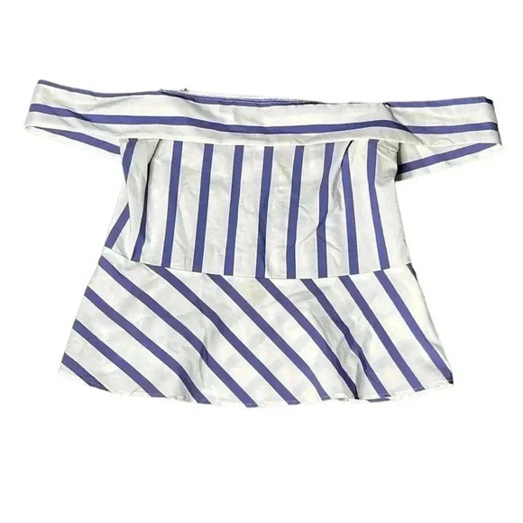 Express Stripe Blue White Off The Shoulder Peplum Hem Blouse Size 6 - Picture 1 of 7